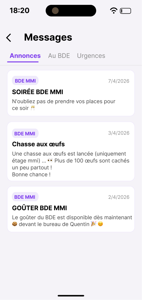Écran des broadcasts et annonces BDEASY avec push notifications ciblées