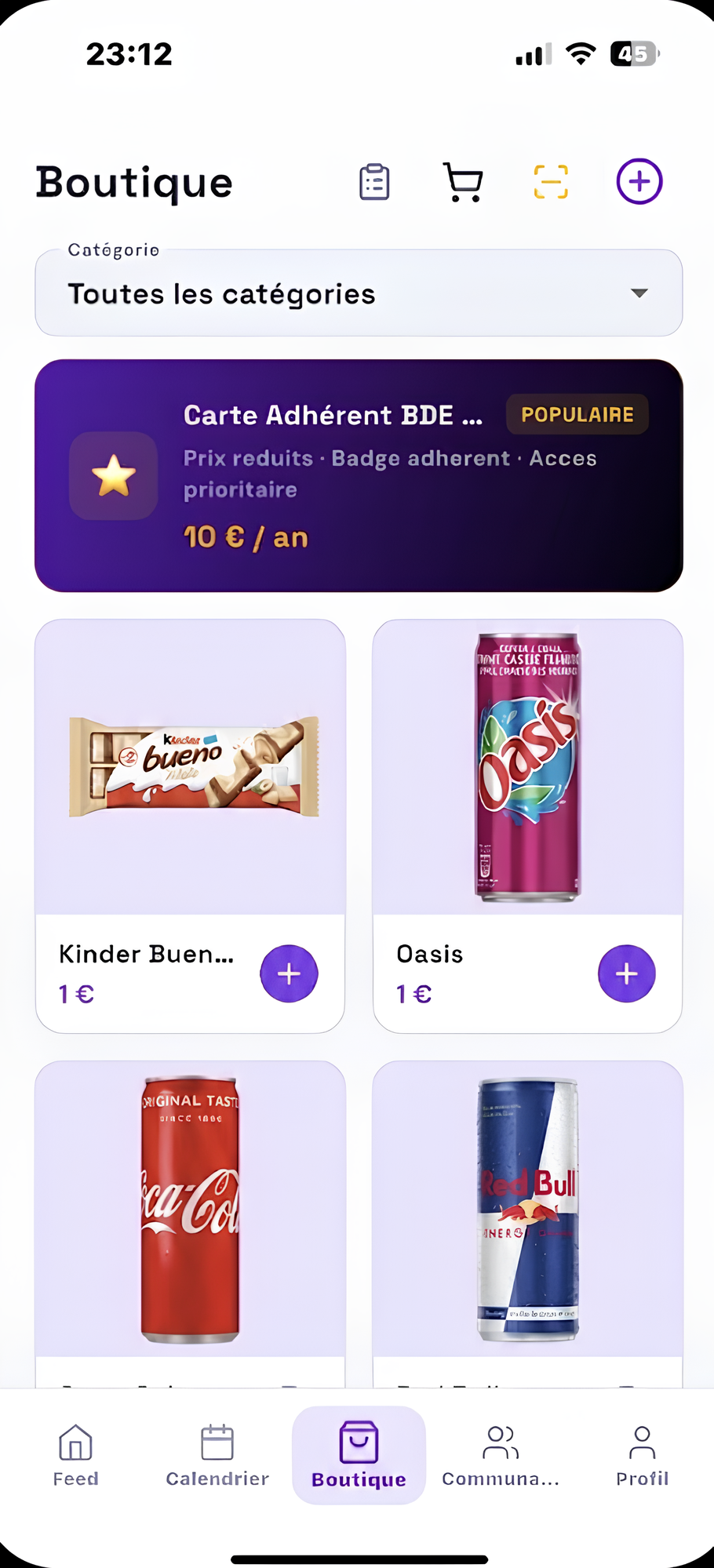 Boutique intégrée BDEASY avec produits BDE et paiement Stripe