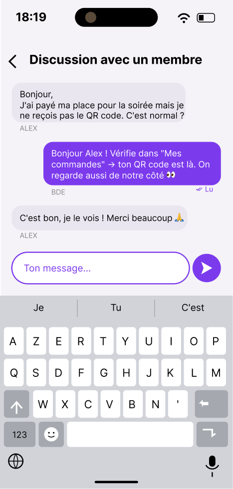 Capture d'écran de la messagerie BDEASY avec conversations entre étudiants et bureau